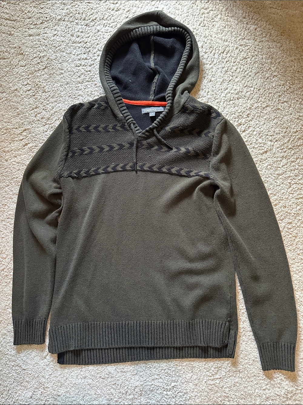 Men's Green Turtleneck Hoodie Sweater with Patterned Yoke